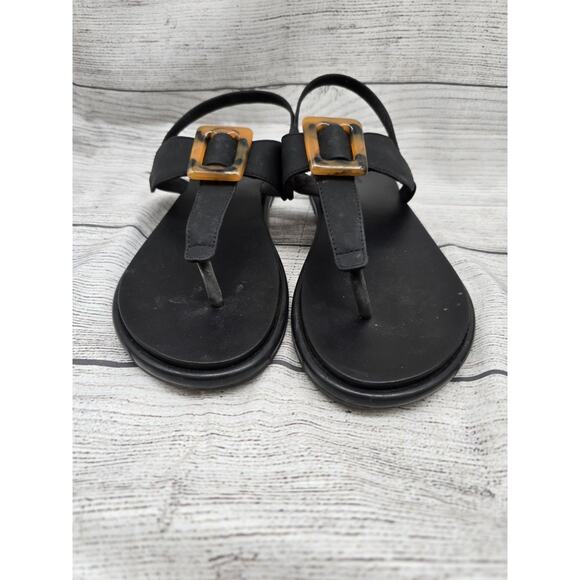OluKai Black With Tortoise Shell Buckle La'i T-Bar Summer Beach Sandals Size 9 - Picture 3 of 8